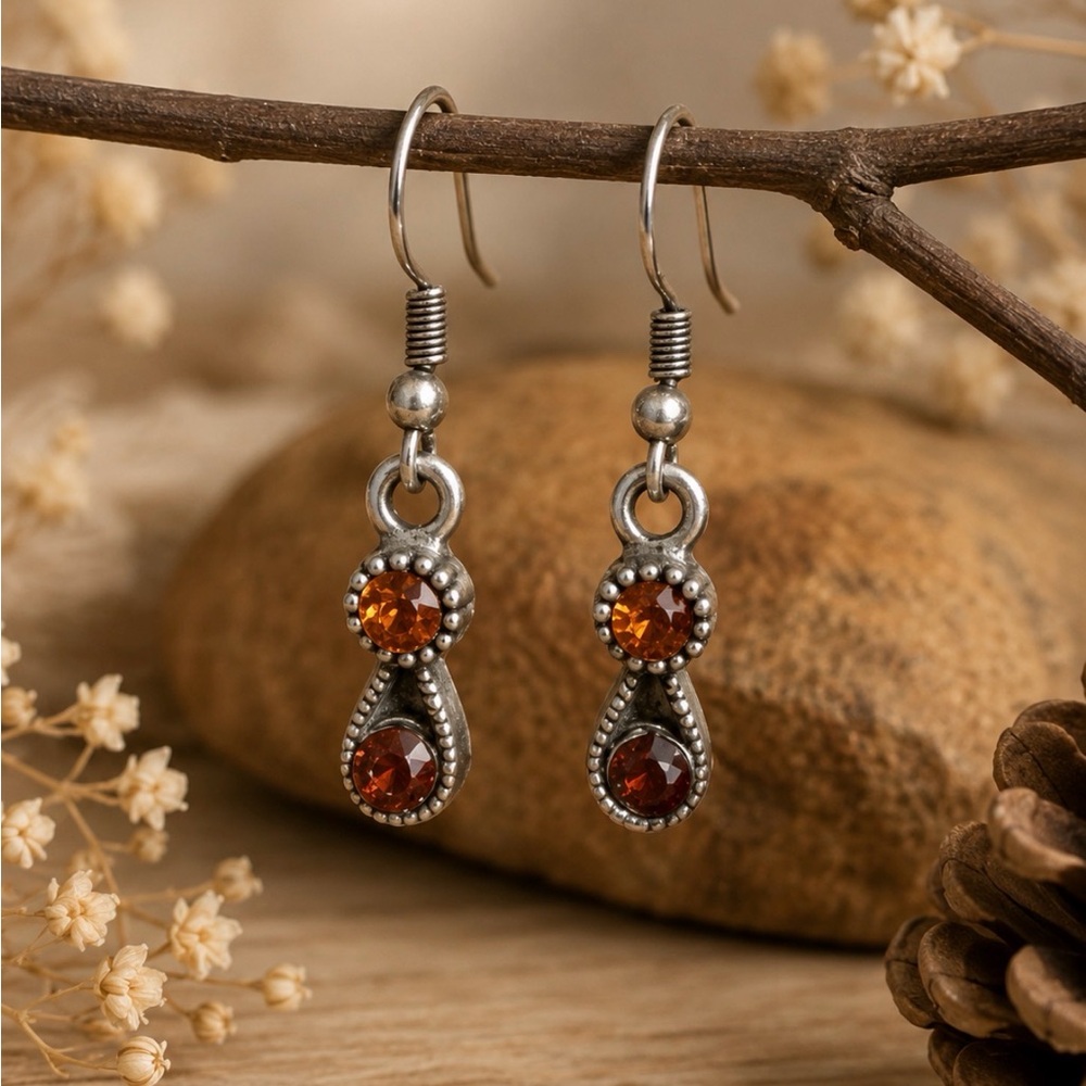 Vintage Amber Rhinestone Drop Earrings Silver Tone Dangle Boho Cottagecore